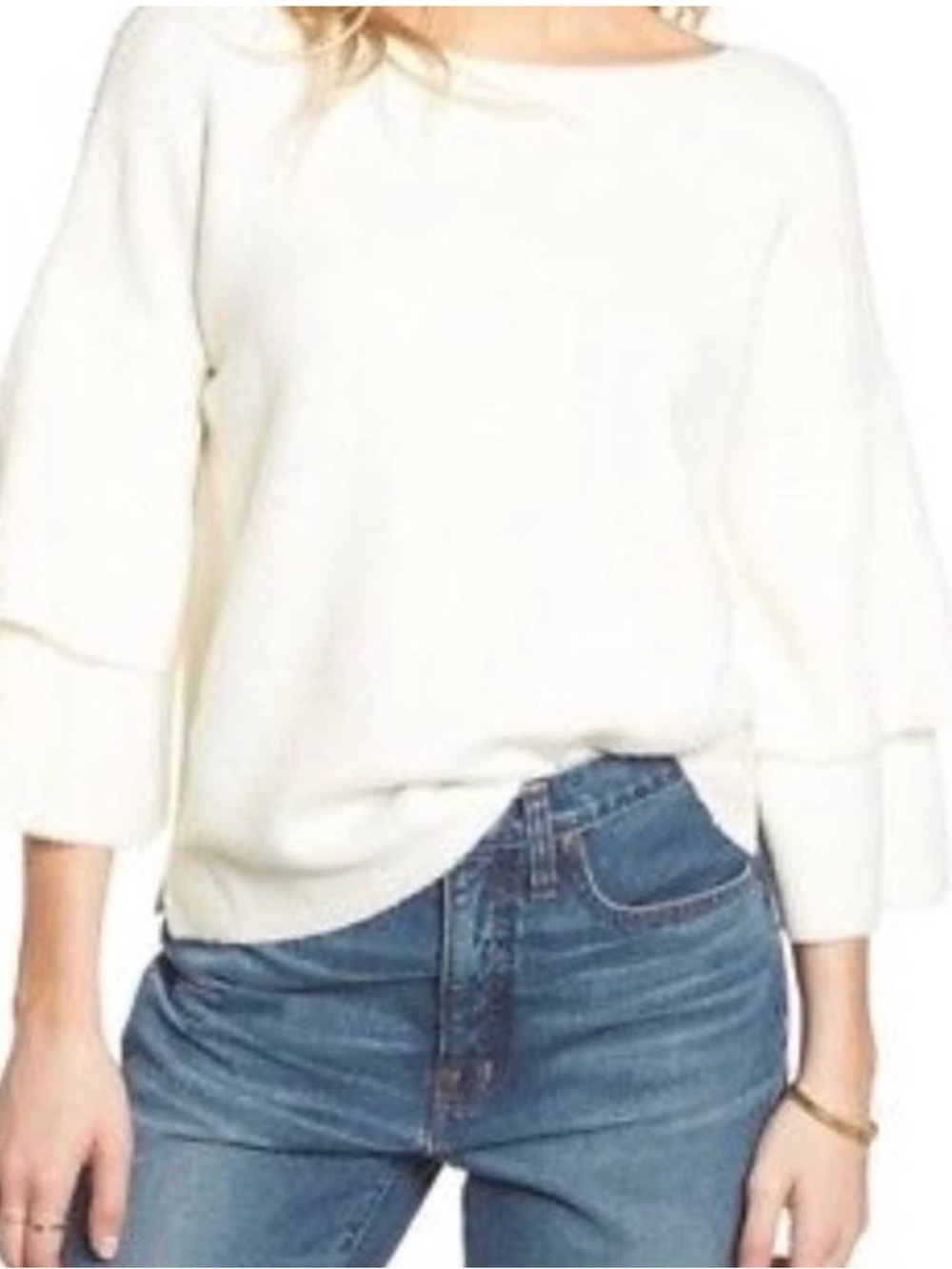 Madewell Women's Cream Boatneck Knit Ruffled Sleeve Sweater Size Medium